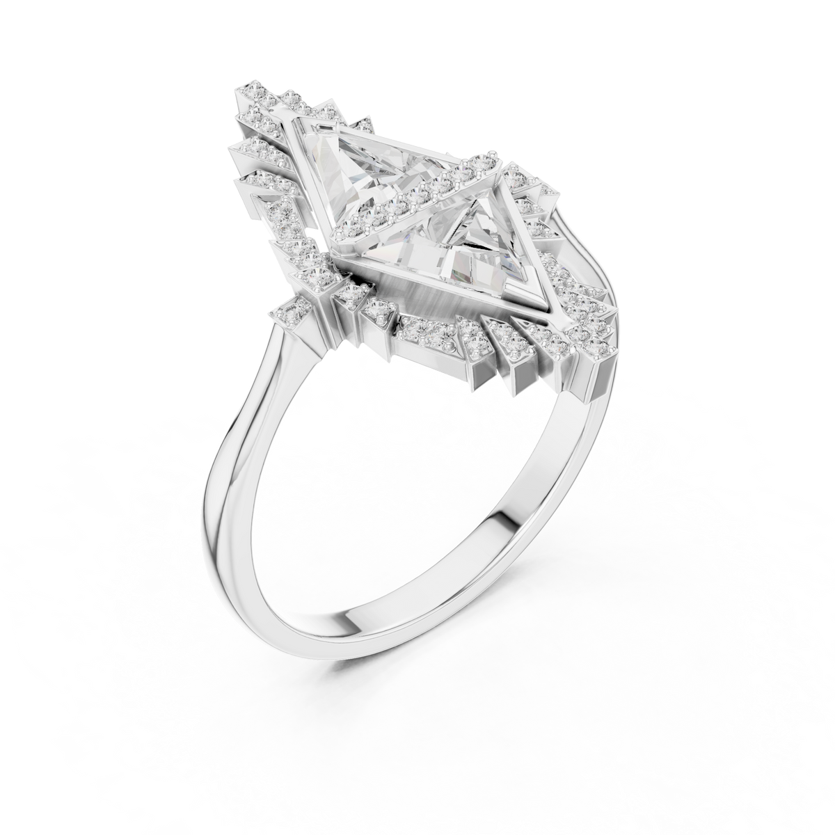 Art Deco Twin Triangle Moissanite Cocktail Ring in white 925 sterling silver, view 2