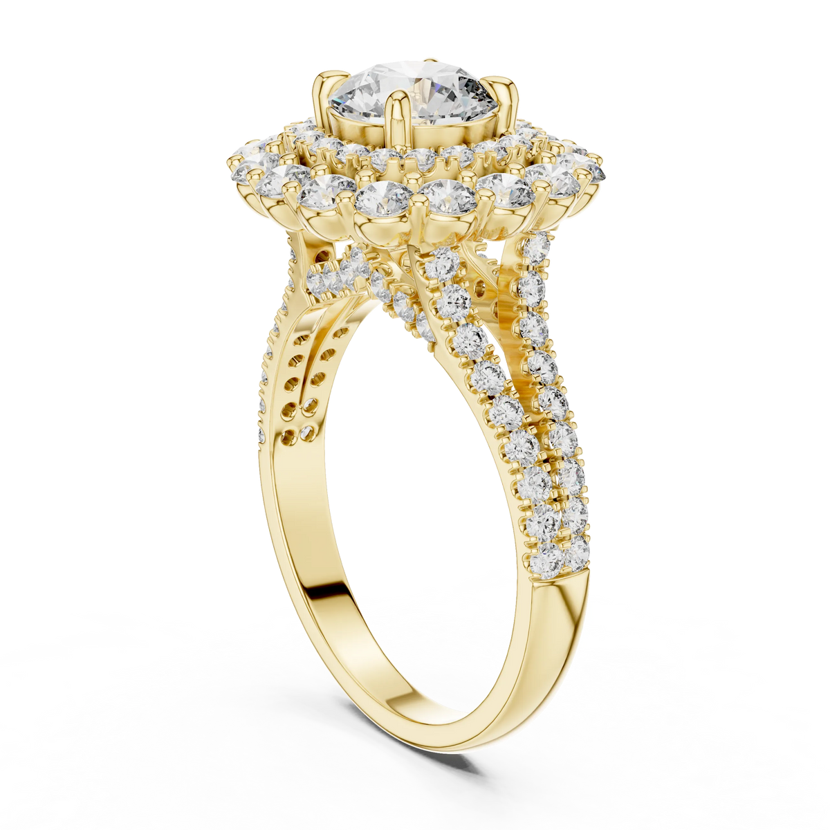 Round Cluster Halo Moissanite Engagement Ring in yellow 925 sterling silver, view 1