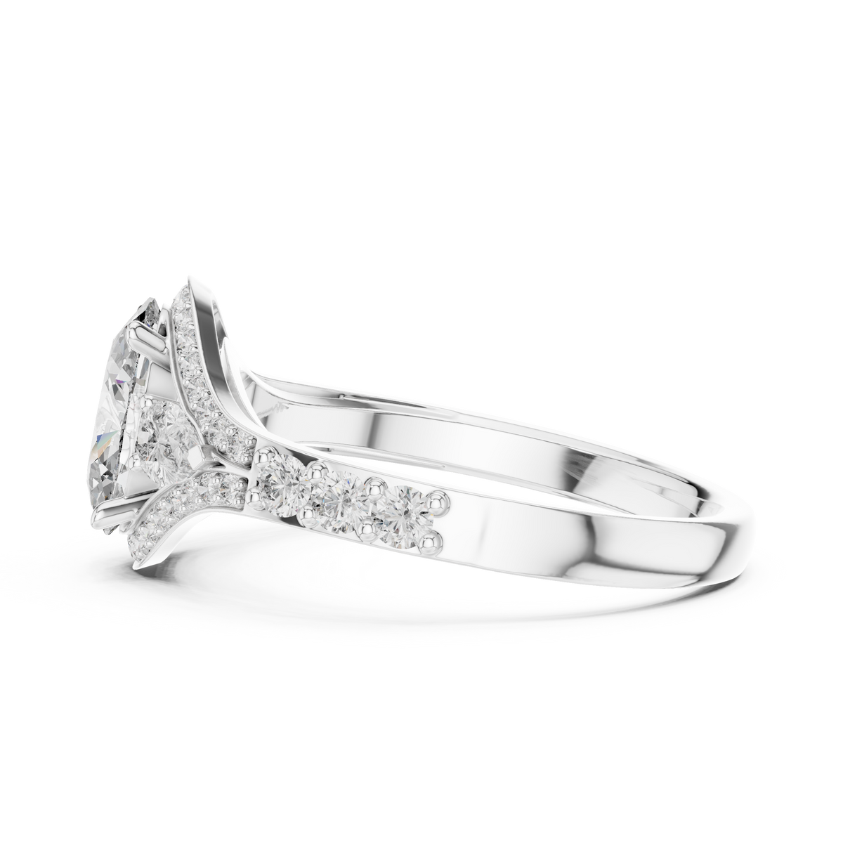 Oval and Pear Moissanite Halo Ring with Split Pavé Shoulders in white 925 sterling silver, view 3