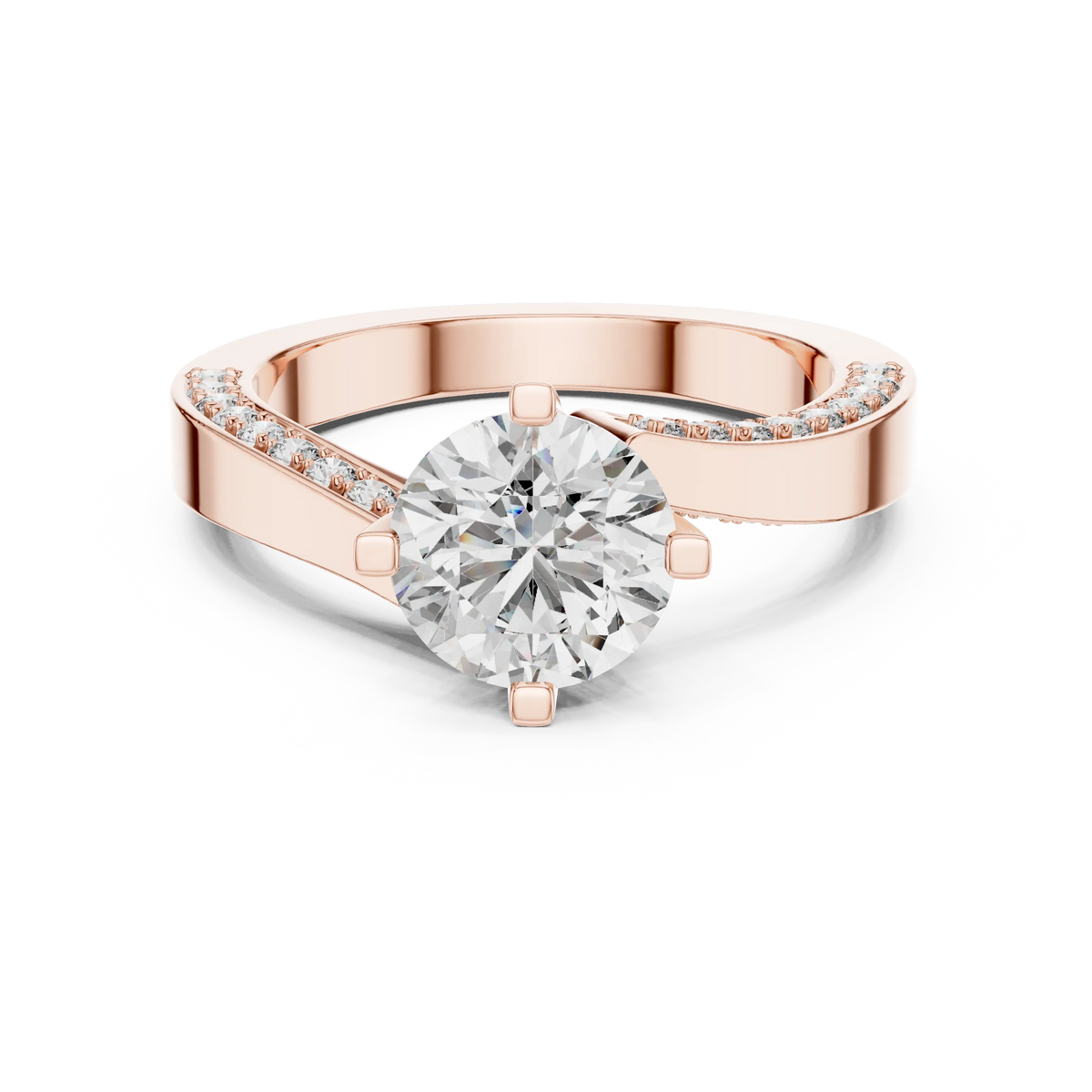 Round Solitaire Moissanite Ring with Pavé Cathedral Shank in rose 925 sterling silver, view 4