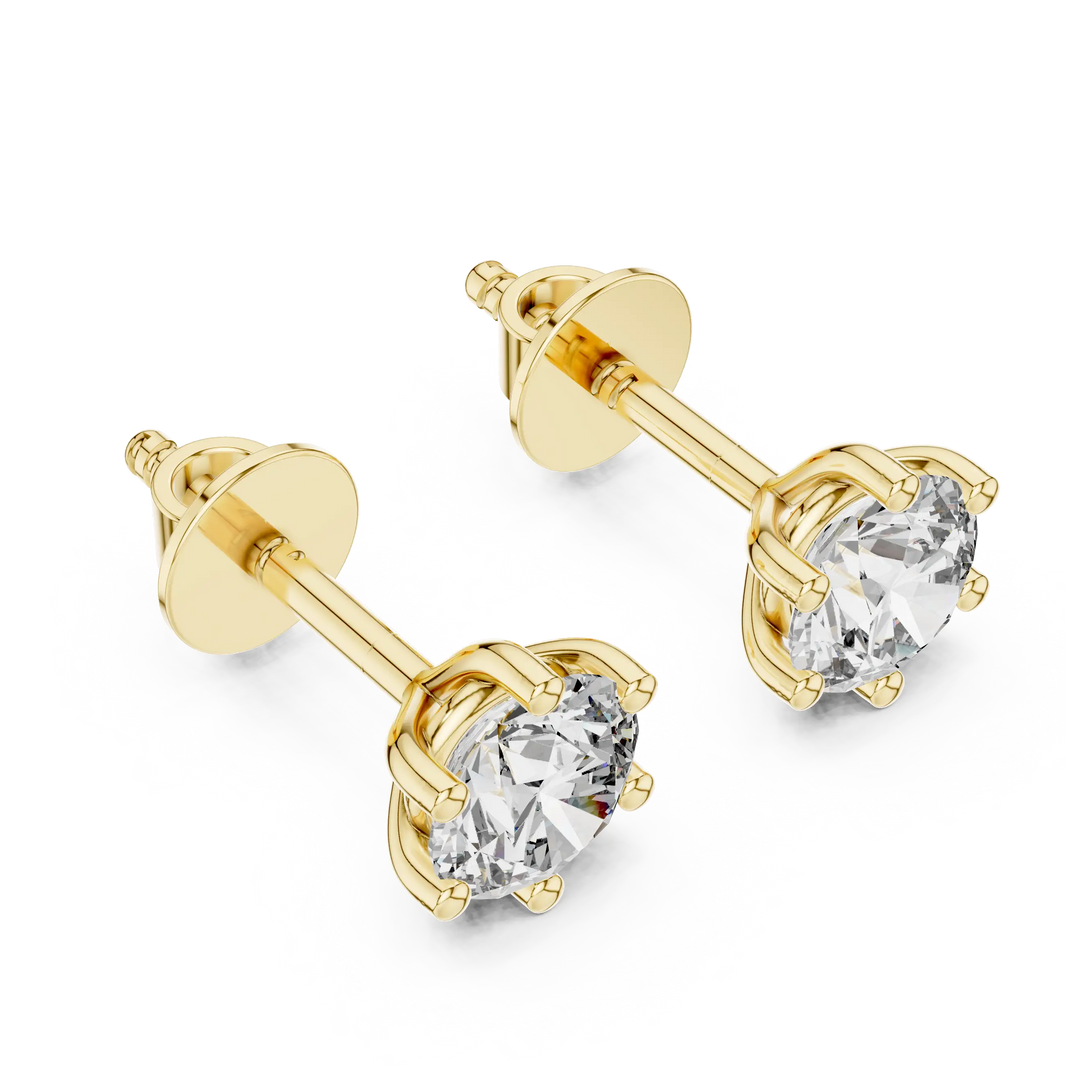 Round moissanite six-prong stud earrings in yellow 925 sterling silver, view 2
