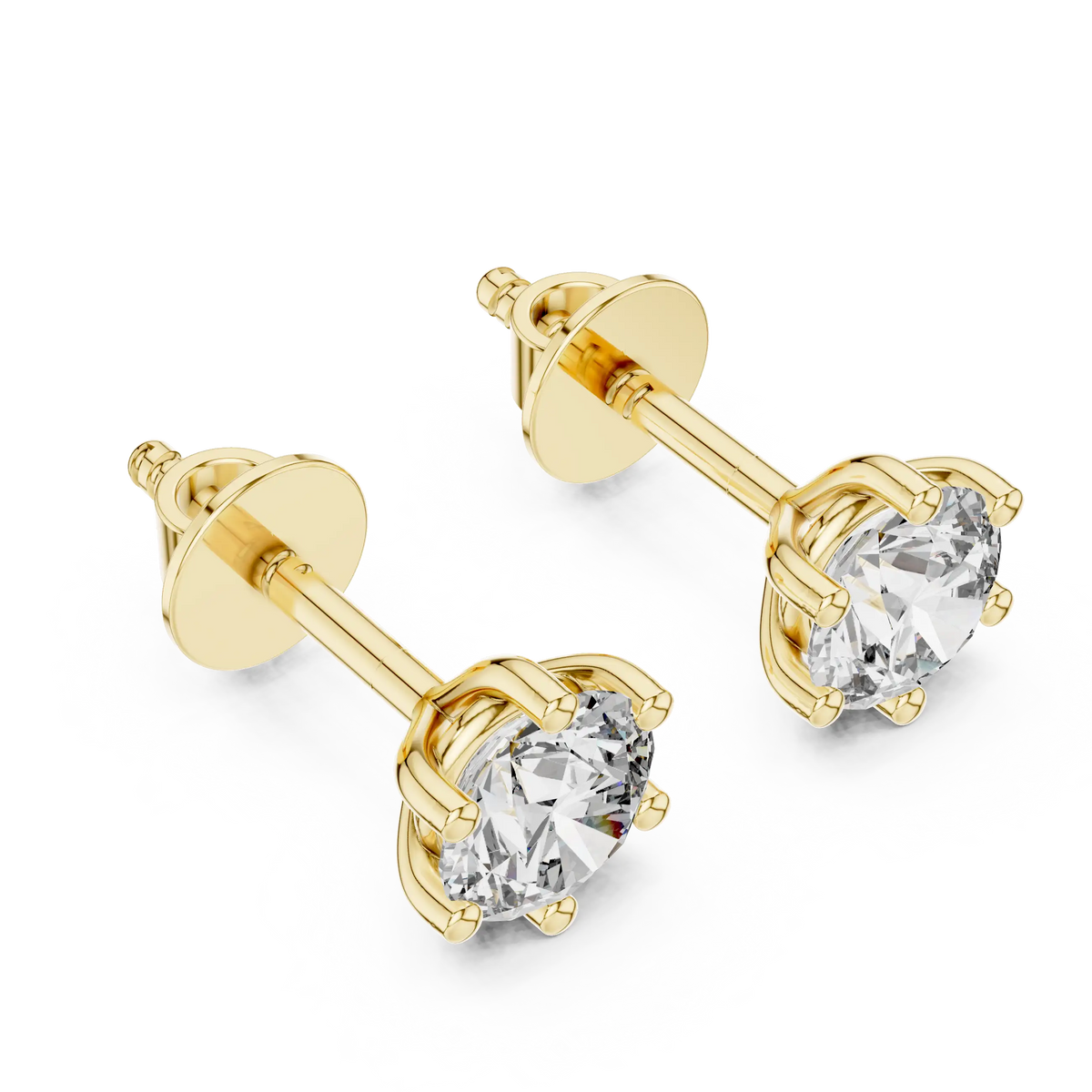 Round moissanite six-prong stud earrings in yellow 925 sterling silver, view 2