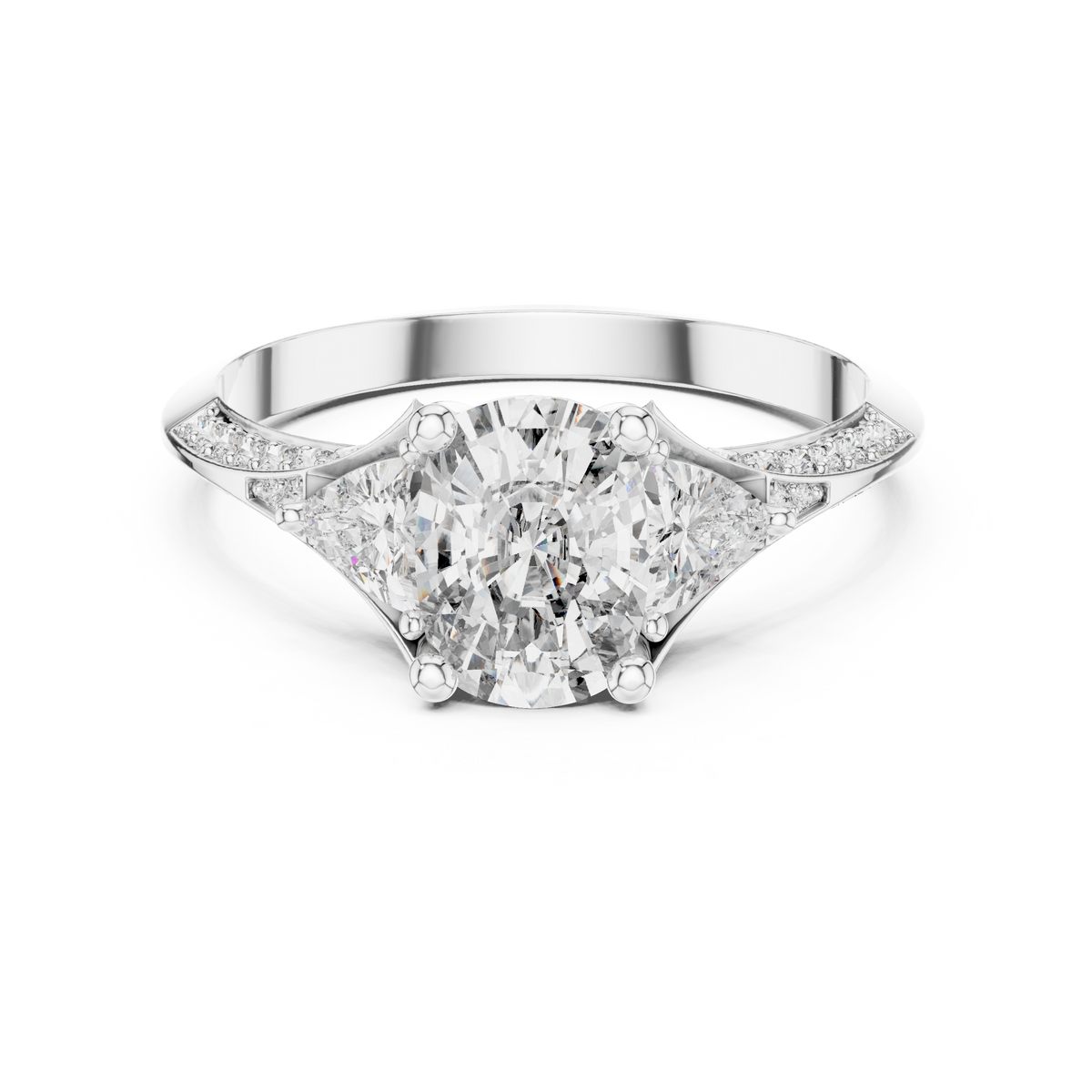 Elongated Cushion and Curved Trillion Moissanite Ring with Pavé Split Shoulders in white 925 sterling silver, view 4