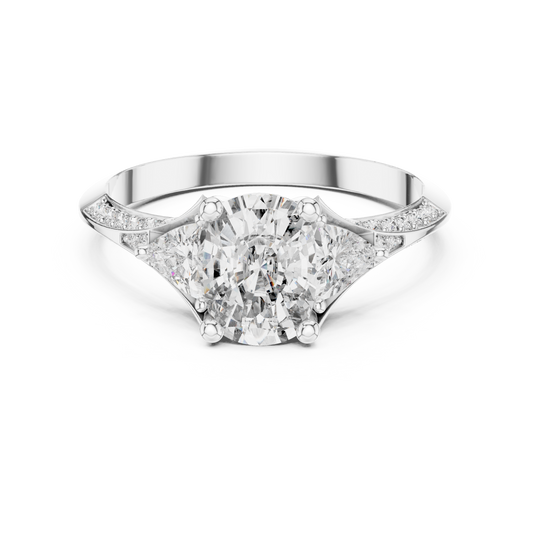 Elongated Cushion and Curved Trillion Moissanite Ring with Pavé Split Shoulders in white 925 sterling silver, view 4