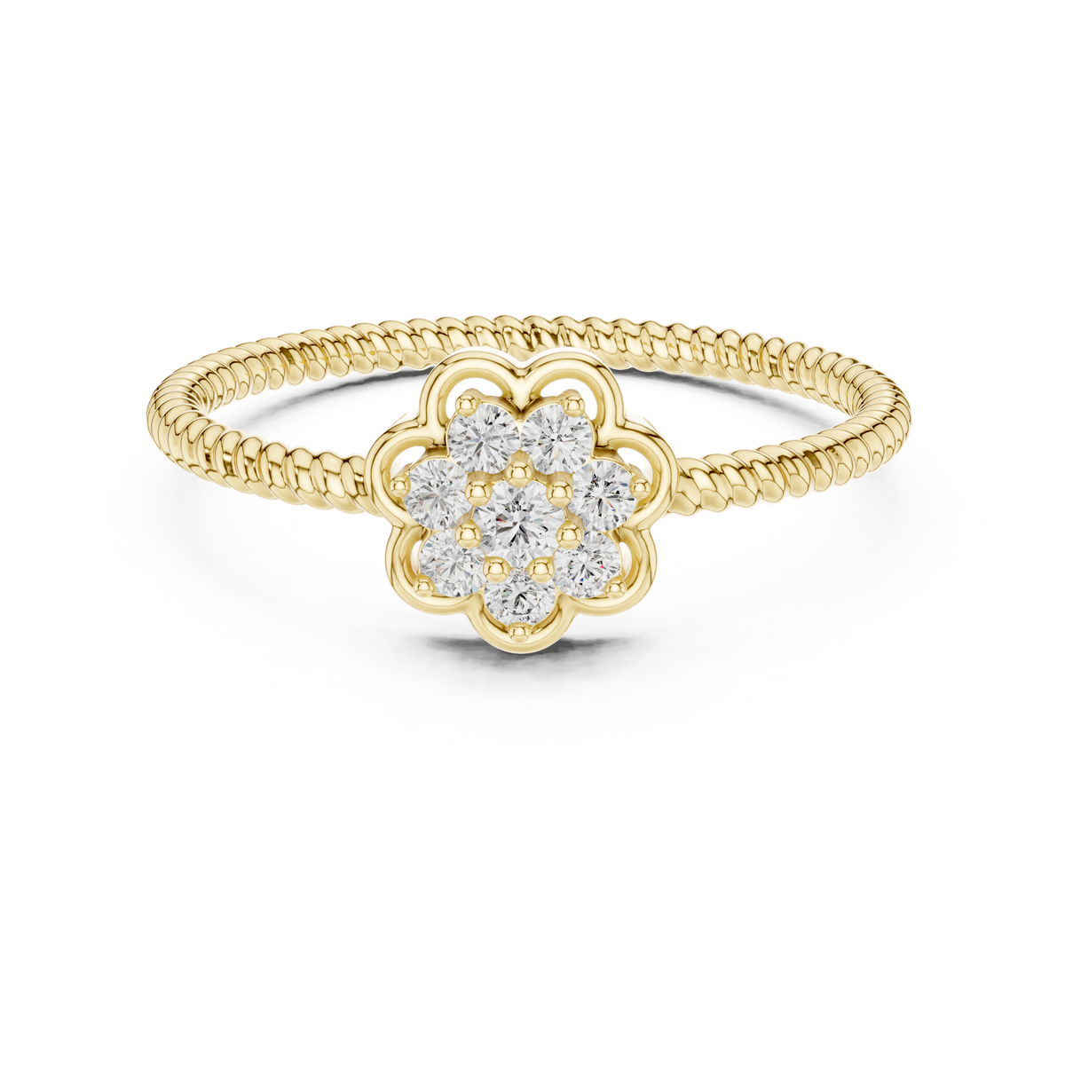 Flower Cluster Moissanite Ring with Rope Band in yellow 925 sterling silver, view 4