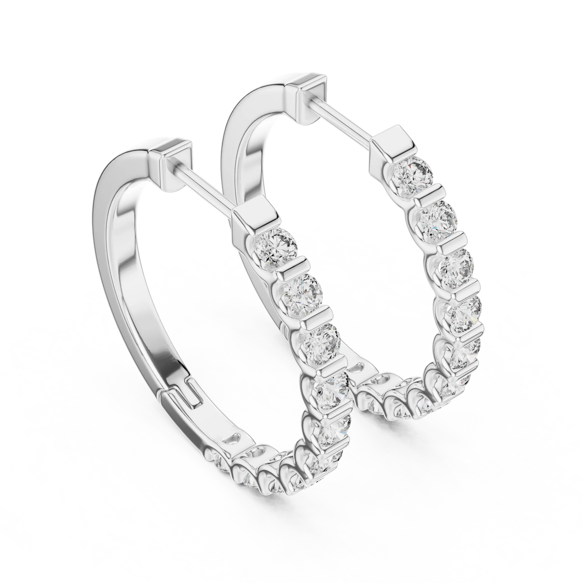 Moissanite bar set hoop earrings in white 925 sterling silver, view 2