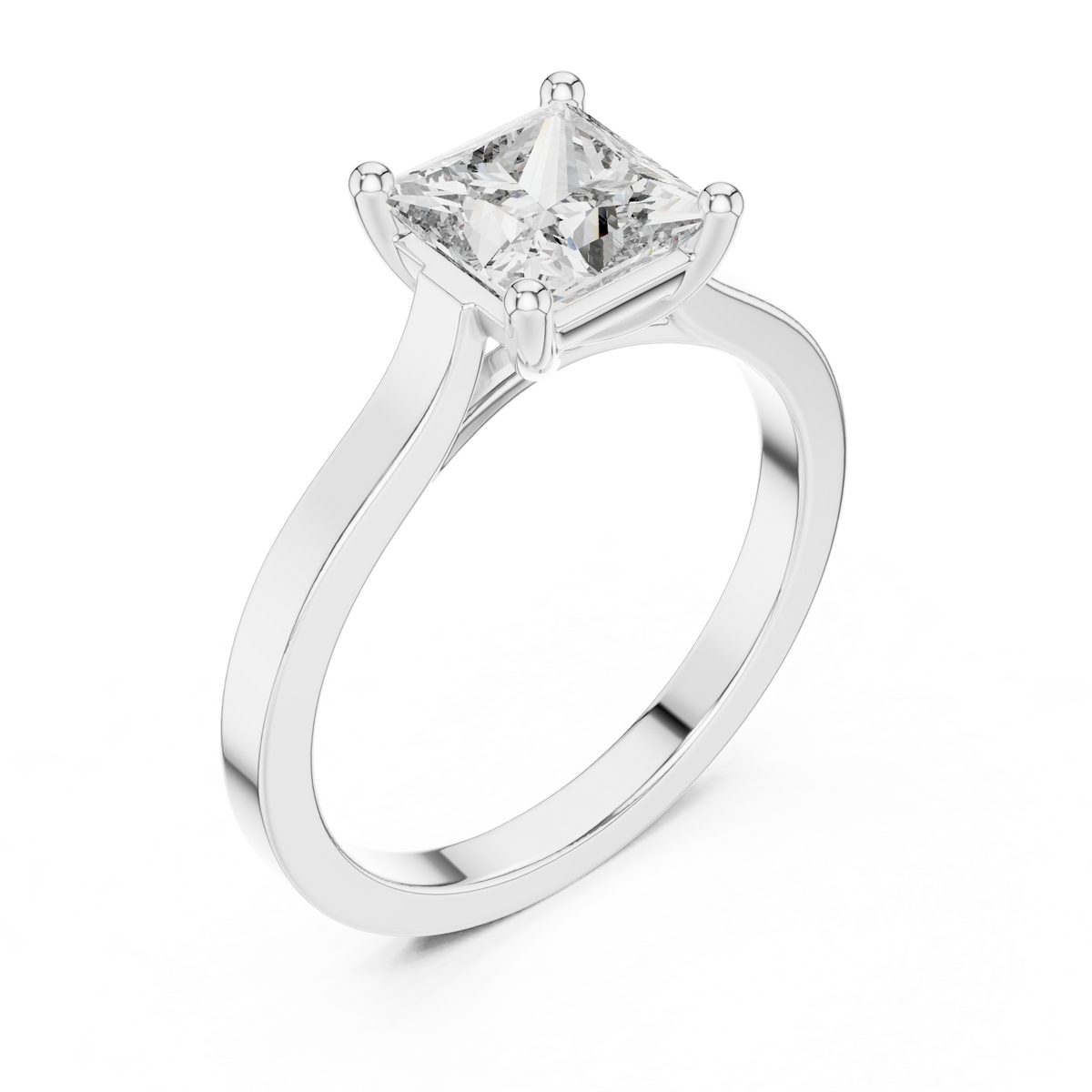 Princess Cut Moissanite Solitaire Ring with Flat Band in white 925 sterling silver, view 2