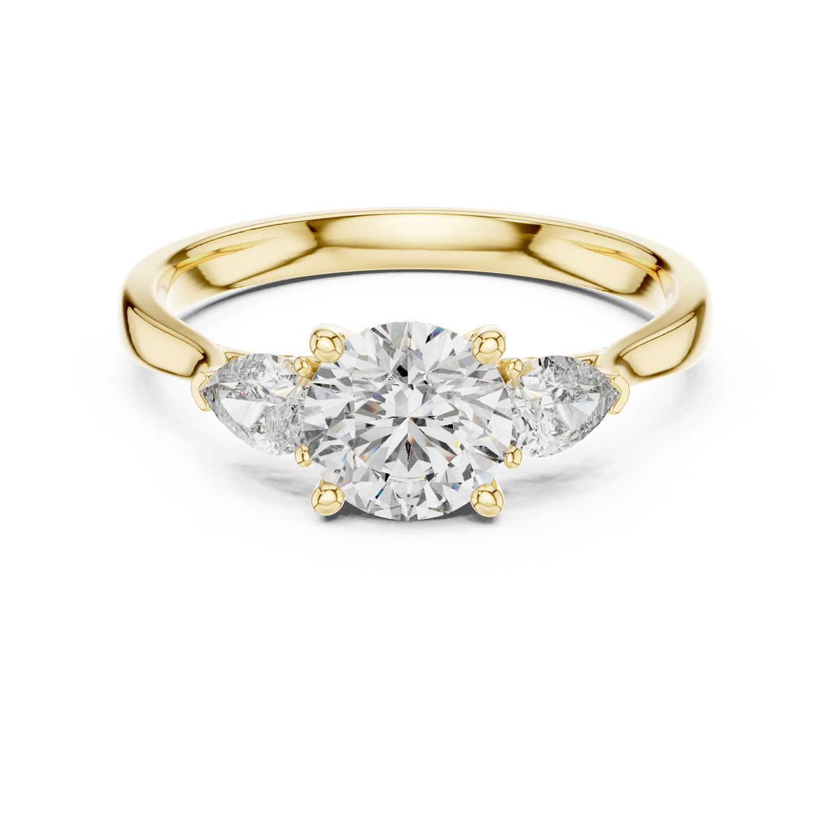 Round and Pear Three Stone Moissanite Ring in yellow 925 sterling silver, view 4