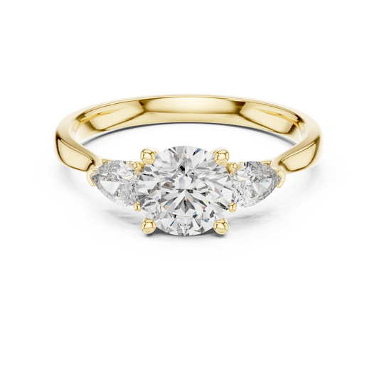 Round and Pear Three Stone Moissanite Ring in yellow 925 sterling silver, view 4