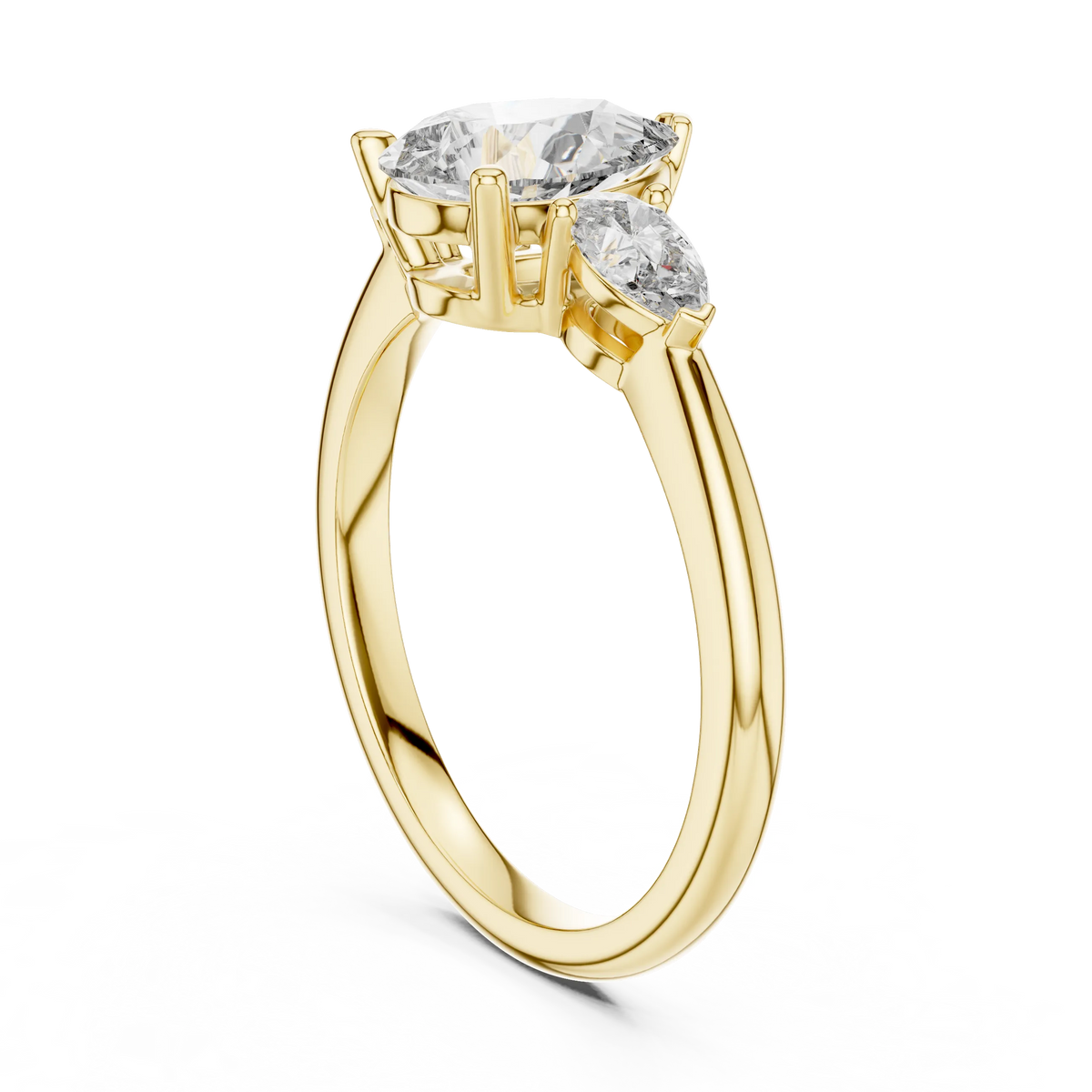 Pear Three Stone Moissanite Engagement Ring in yellow 925 sterling silver, view 1