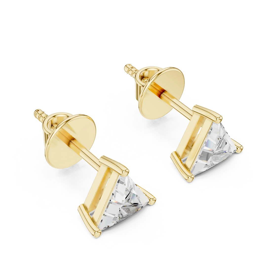 Trillion moissanite stud earrings in yellow 925 sterling silver, view 2