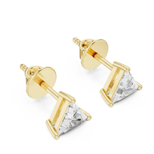 Trillion moissanite stud earrings in yellow 925 sterling silver, view 2