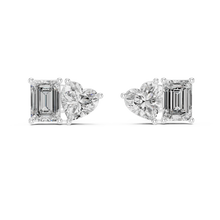 Heart and emerald moissanite toi et moi stud earrings in white 925 sterling silver, view 4
