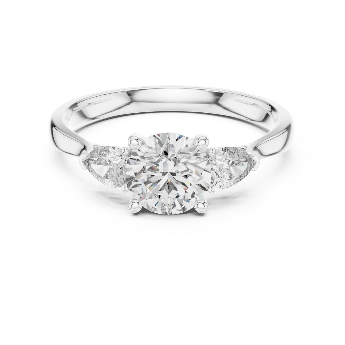 Round and Pear Three Stone Moissanite Ring in white 925 sterling silver, view 4