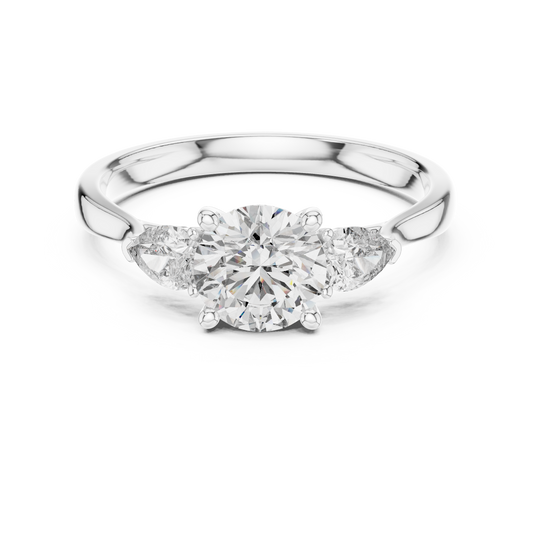Round and Pear Three Stone Moissanite Ring in white 925 sterling silver, view 4