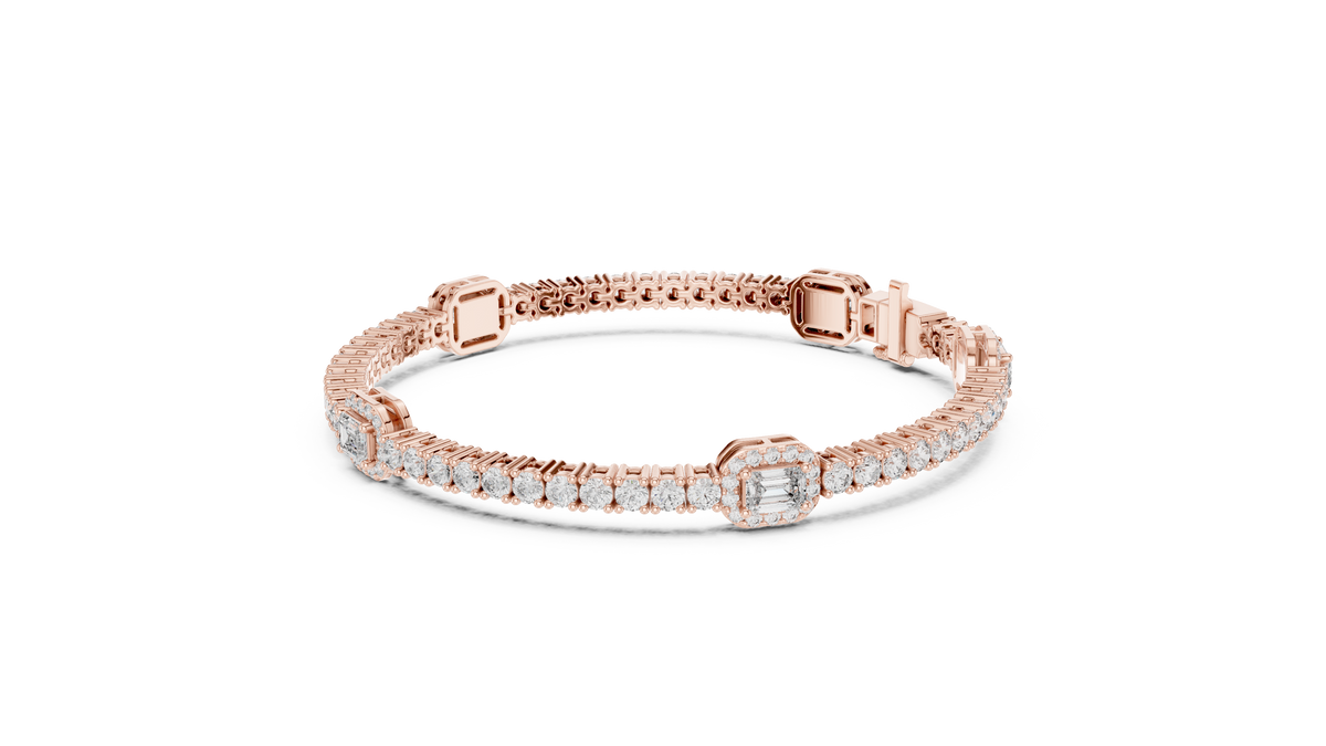 Emerald Halo Station Round Moissanite Tennis Bracelet in rose 925 sterling silver, view 2