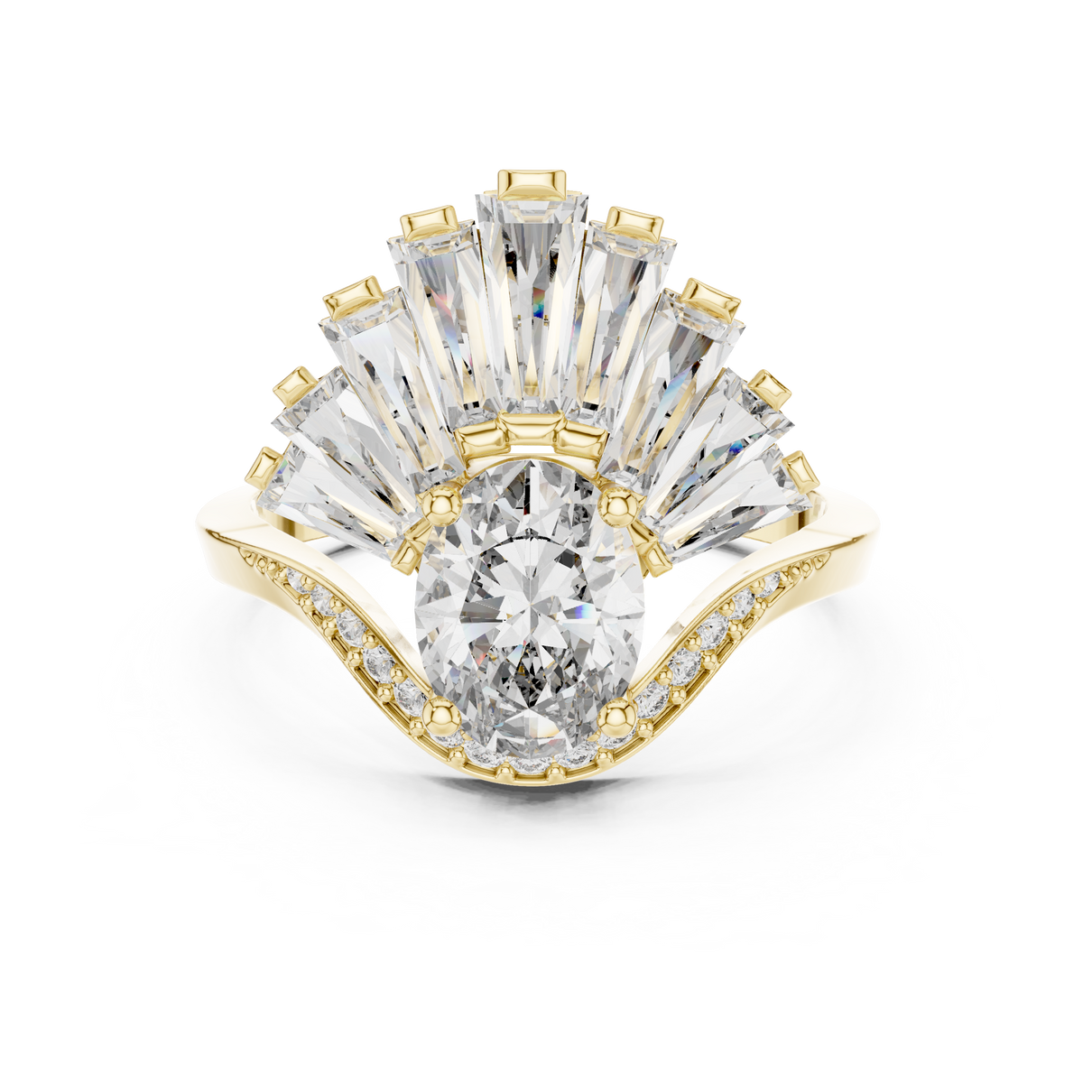 Oval Moissanite Ring with Baguette Fan Crown in yellow 925 sterling silver, view 4