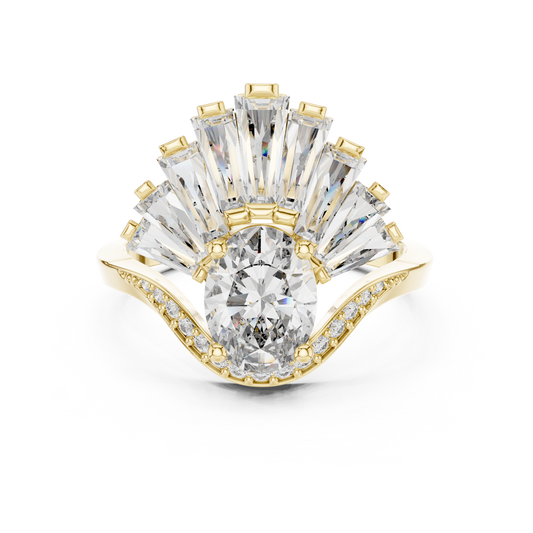 Oval Moissanite Ring with Baguette Fan Crown in yellow 925 sterling silver, view 4