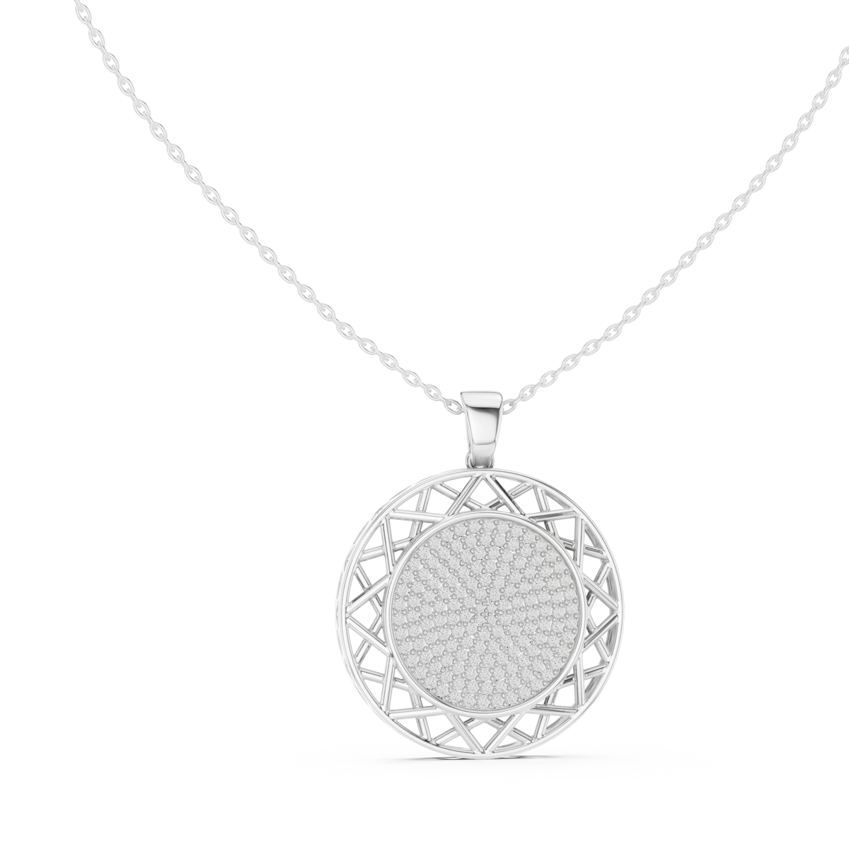 Pavé Disc Medallion Moissanite Pendant in white 925 sterling silver, view 1
