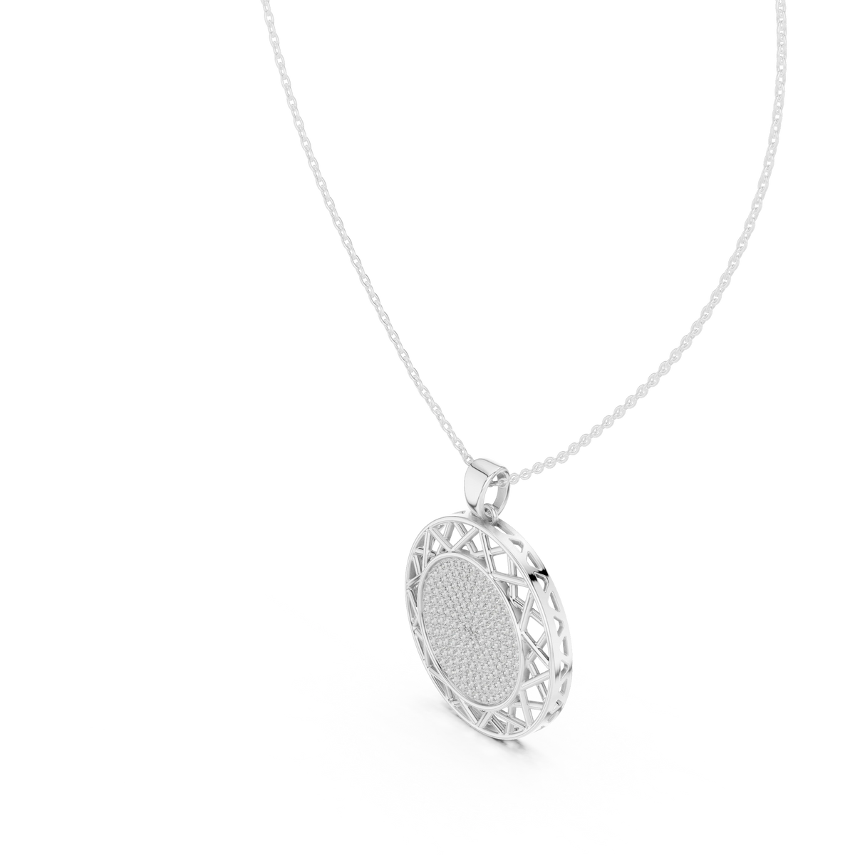 Pavé Disc Medallion Moissanite Pendant in white 925 sterling silver, view 2