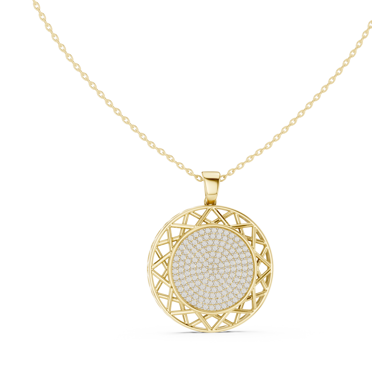 Pavé Disc Medallion Moissanite Pendant in yellow 925 sterling silver, view 1