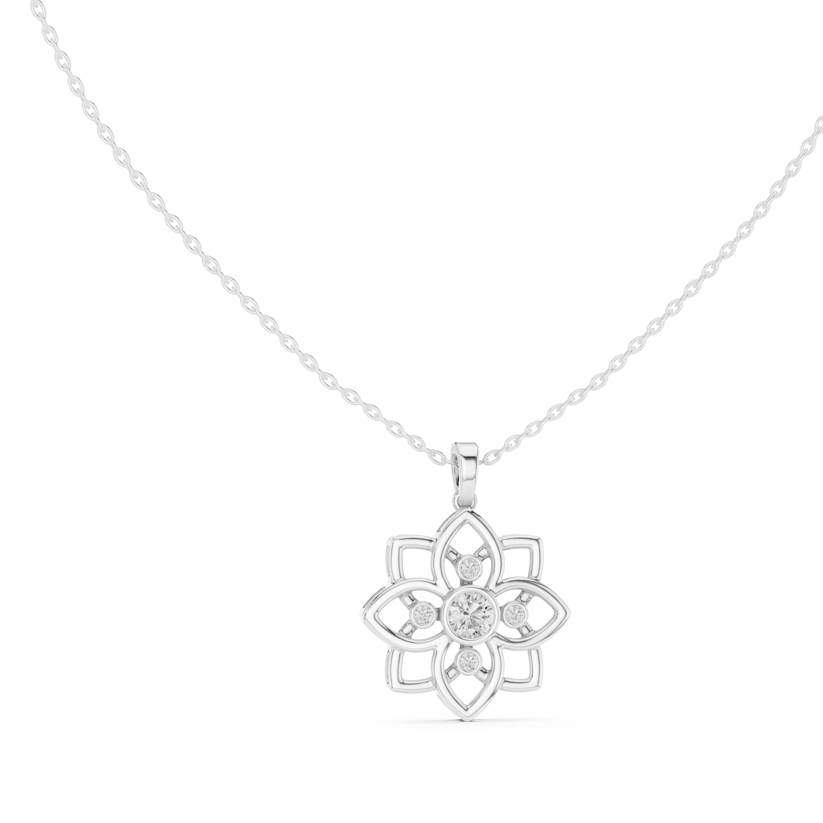 Openwork Flower Bezel Moissanite Pendant in white 925 sterling silver, view 1