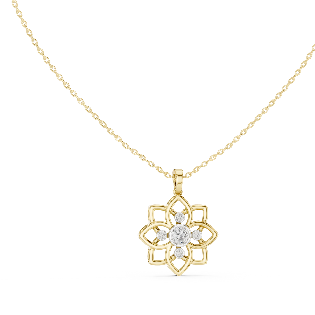 Openwork Flower Bezel Moissanite Pendant in yellow 925 sterling silver, view 1