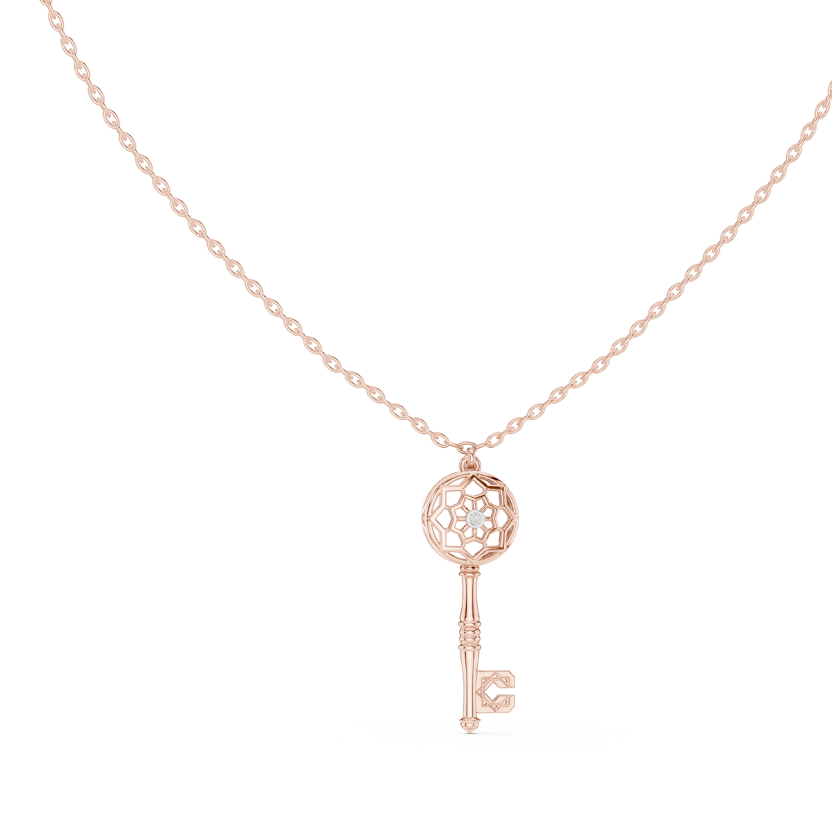 Openwork Key Moissanite Pendant in rose 925 sterling silver, view 1