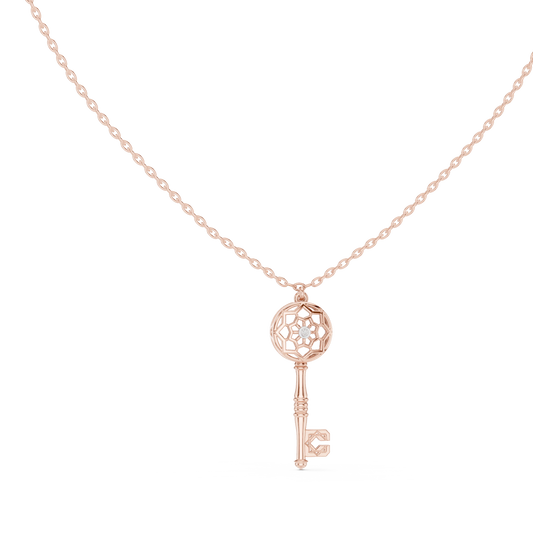 Openwork Key Moissanite Pendant in rose 925 sterling silver, view 1