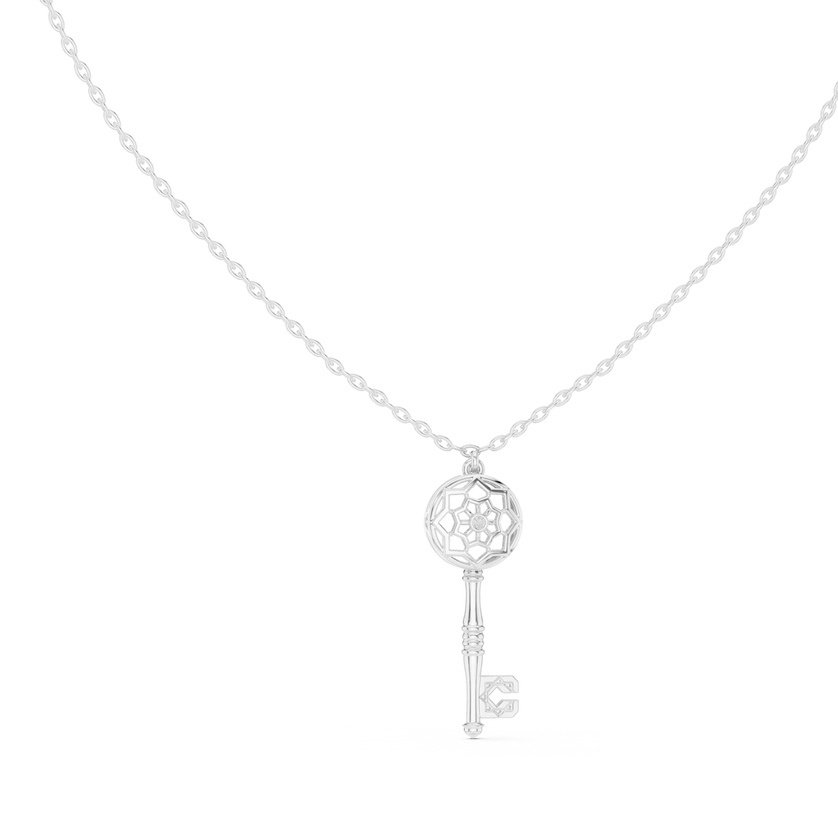 Openwork Key Moissanite Pendant in white 925 sterling silver, view 1