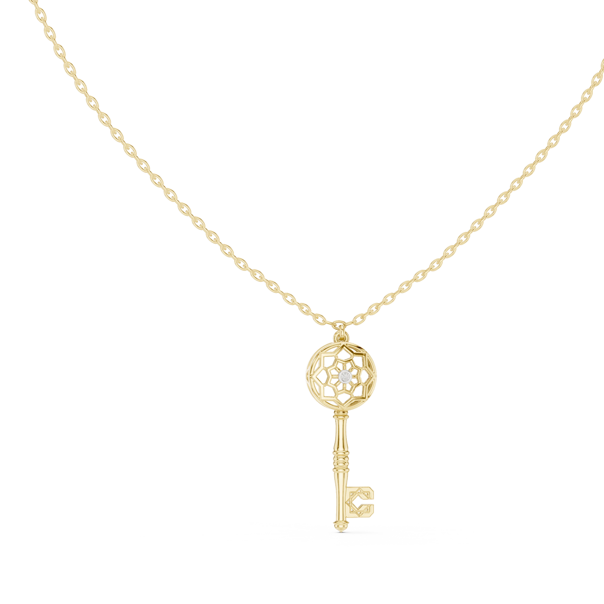 Openwork Key Moissanite Pendant in yellow 925 sterling silver, view 1