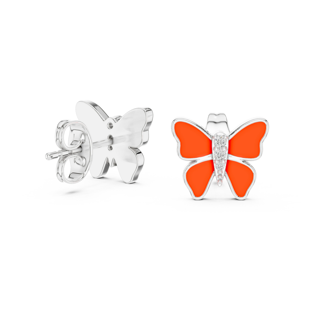 Enamel Butterfly Moissanite Stud Earrings in white 925 sterling silver, view 1