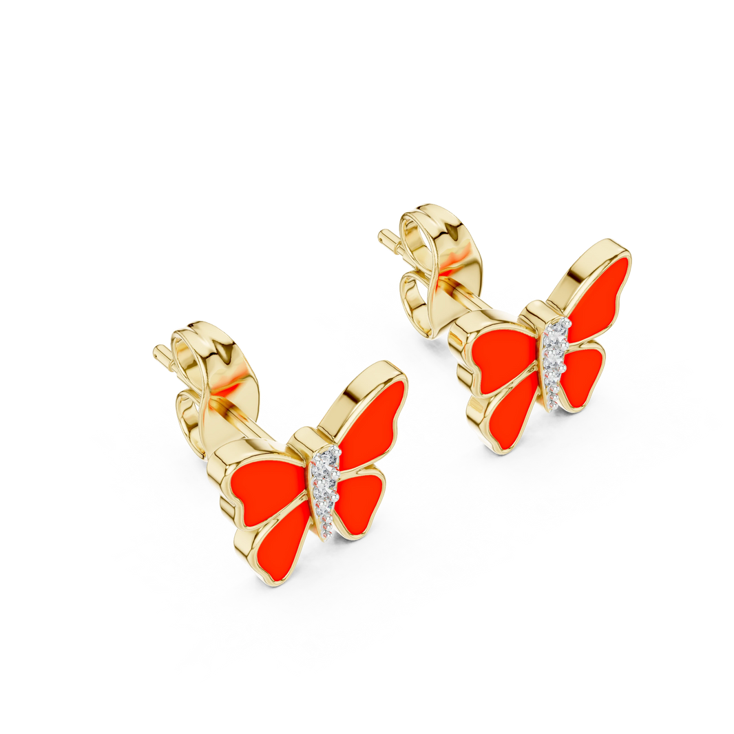 Enamel Butterfly Moissanite Stud Earrings in yellow 925 sterling silver, view 2