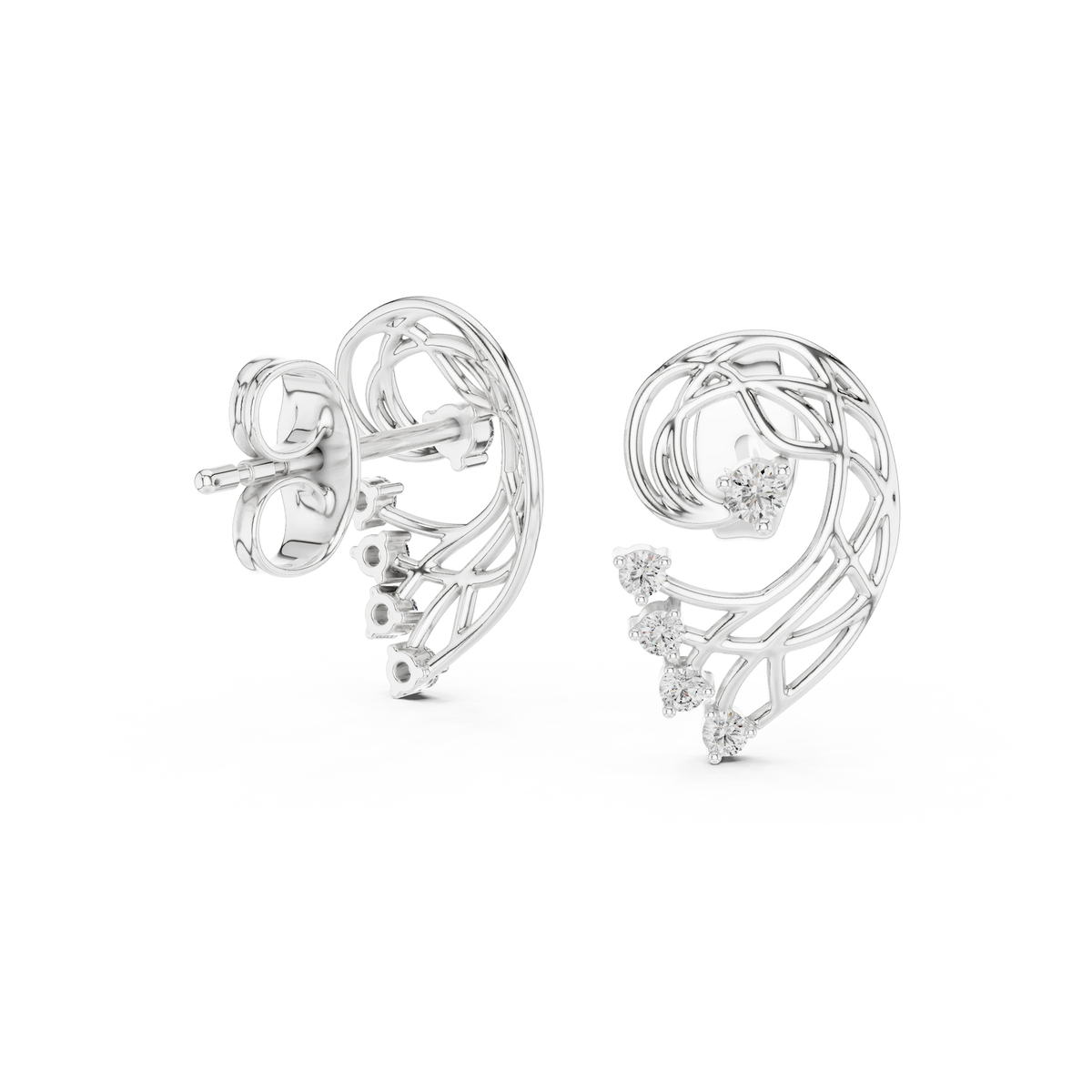 Openwork Paisley Swirl Moissanite Stud Earrings in white 925 sterling silver, view 1