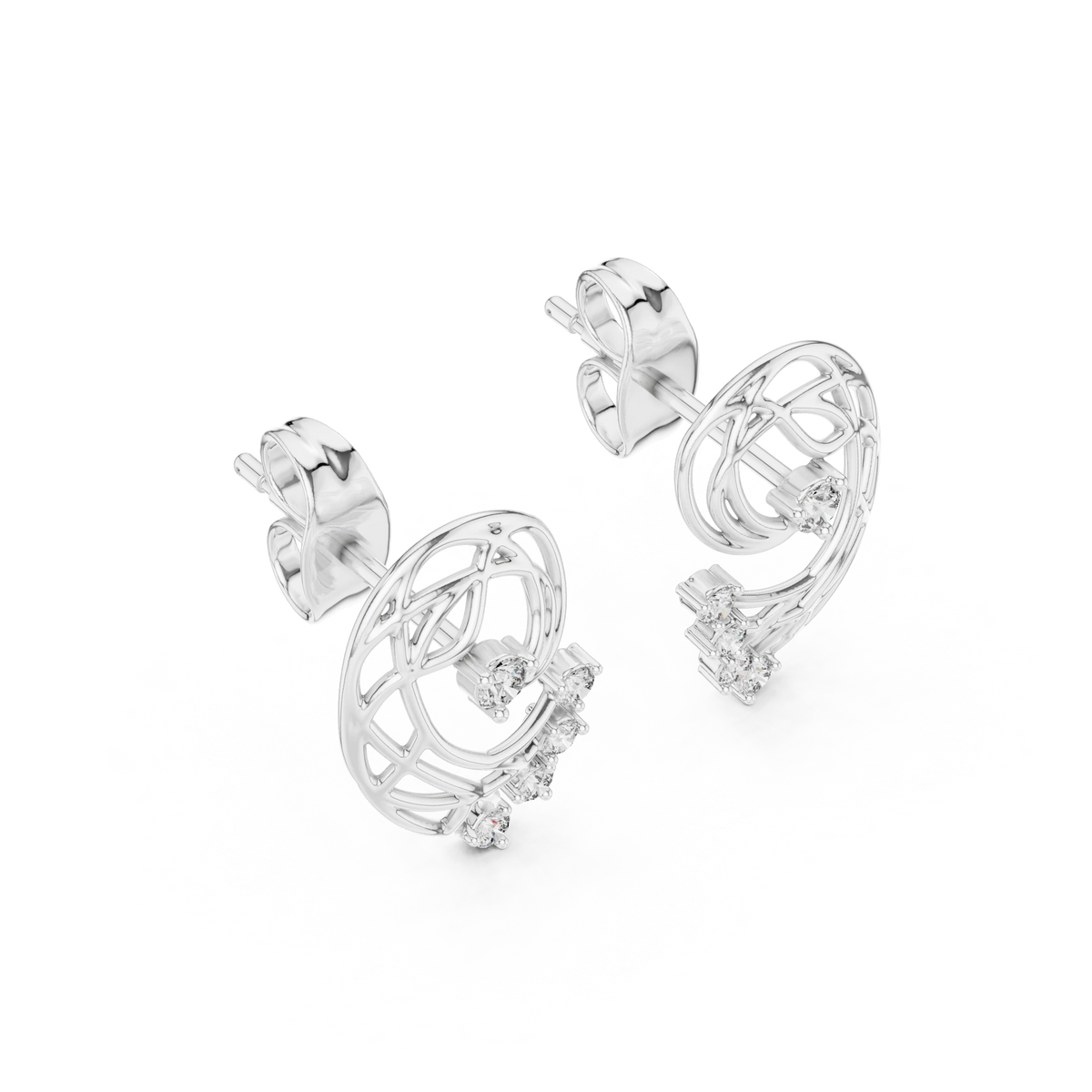 Openwork Paisley Swirl Moissanite Stud Earrings in white 925 sterling silver, view 2