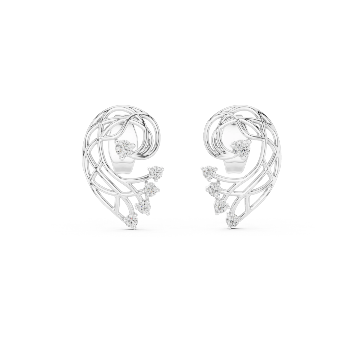 Openwork Paisley Swirl Moissanite Stud Earrings in white 925 sterling silver, view 4