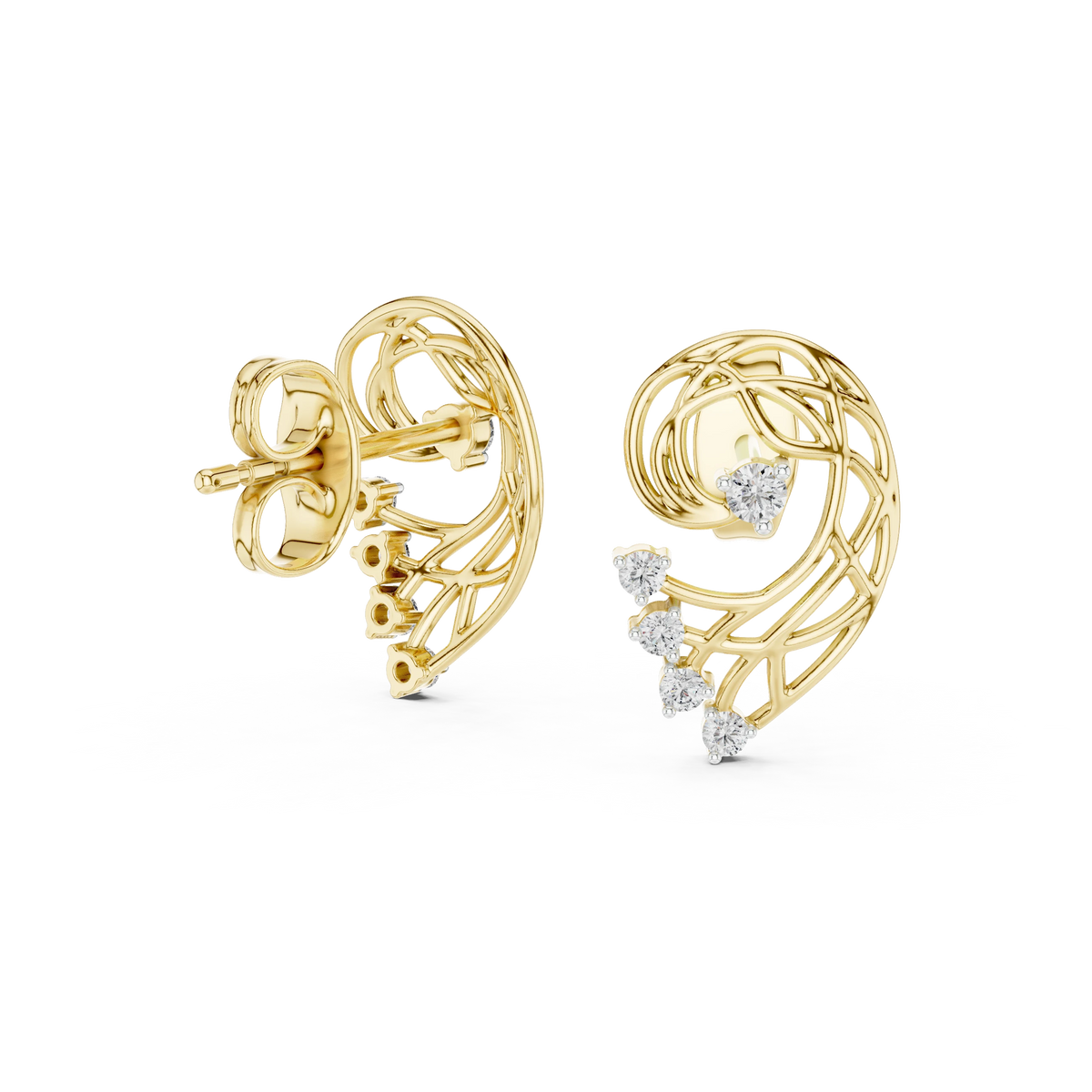 Openwork Paisley Swirl Moissanite Stud Earrings in yellow 925 sterling silver, view 1
