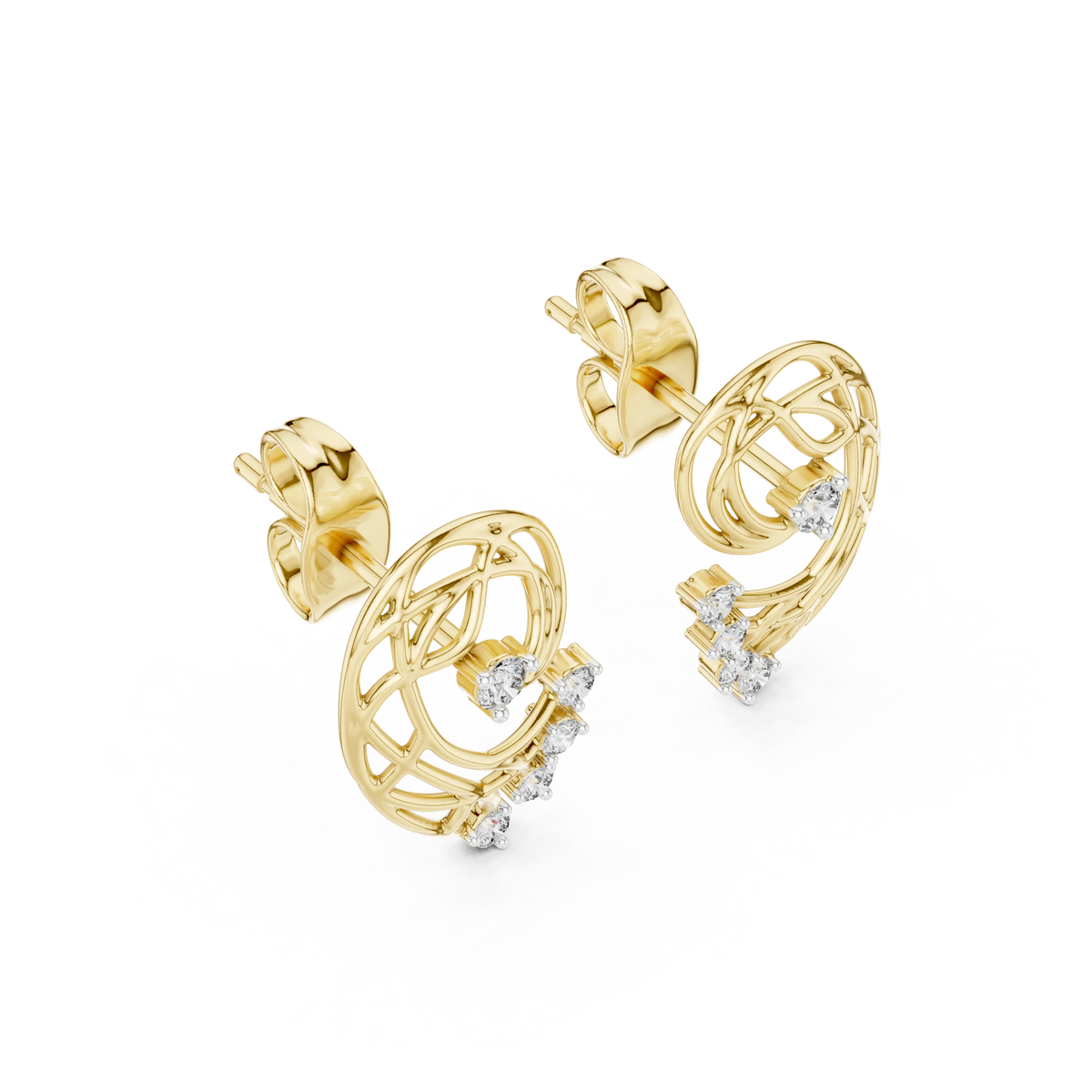 Openwork Paisley Swirl Moissanite Stud Earrings in yellow 925 sterling silver, view 2