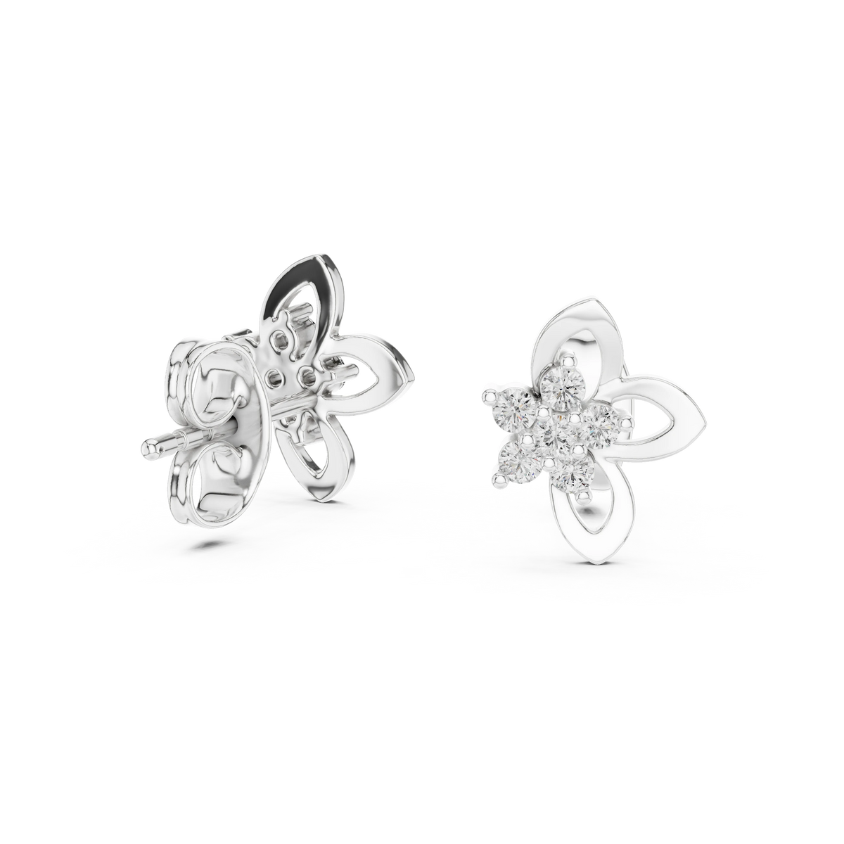 Open Petal Flower Moissanite Stud Earrings in white 925 sterling silver, view 1