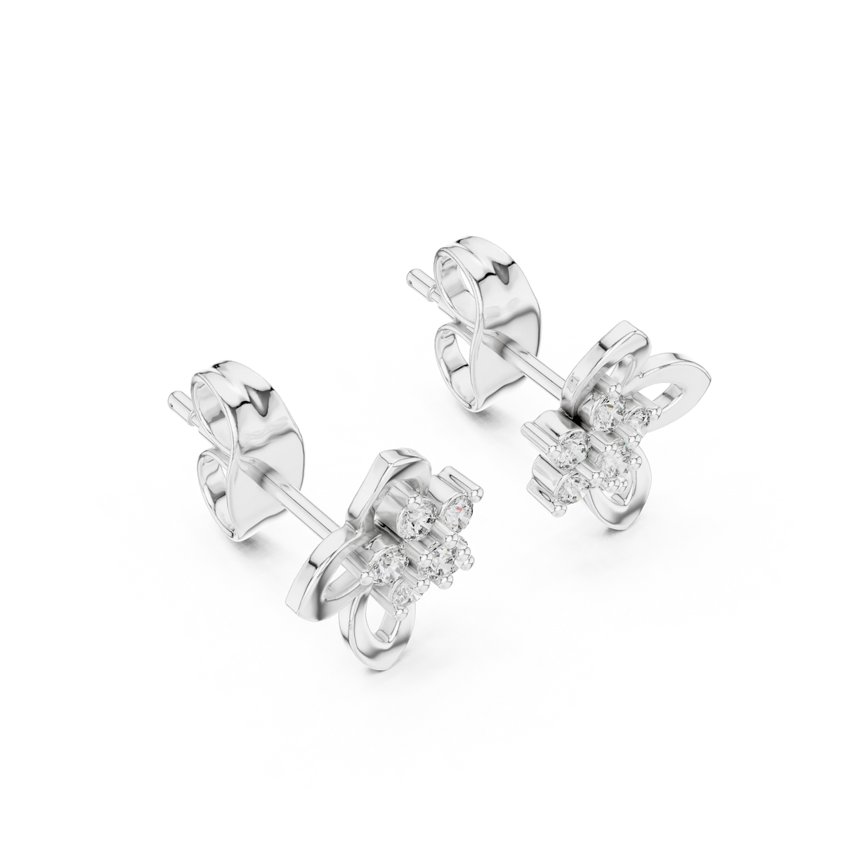 Open Petal Flower Moissanite Stud Earrings in white 925 sterling silver, view 2