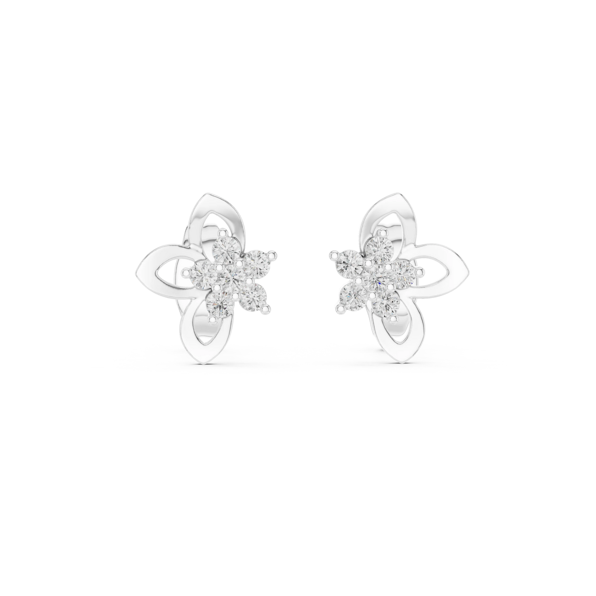 Open Petal Flower Moissanite Stud Earrings in white 925 sterling silver, view 4