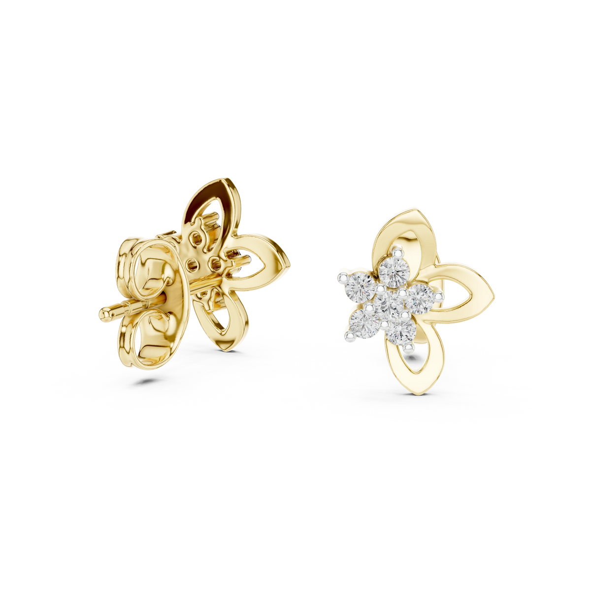 Open Petal Flower Moissanite Stud Earrings in yellow 925 sterling silver, view 1
