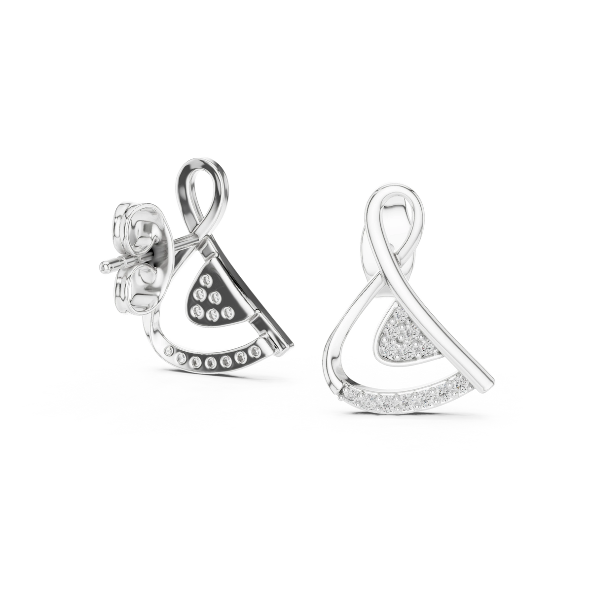 Looped Ribbon Pavé Triangle Moissanite Stud Earrings in white 925 sterling silver, view 1