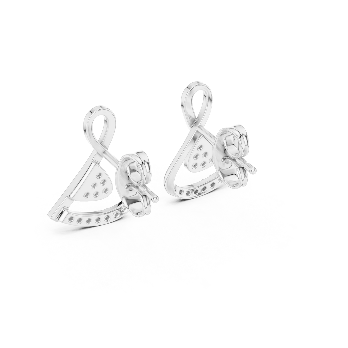 Looped Ribbon Pavé Triangle Moissanite Stud Earrings in white 925 sterling silver, view 3