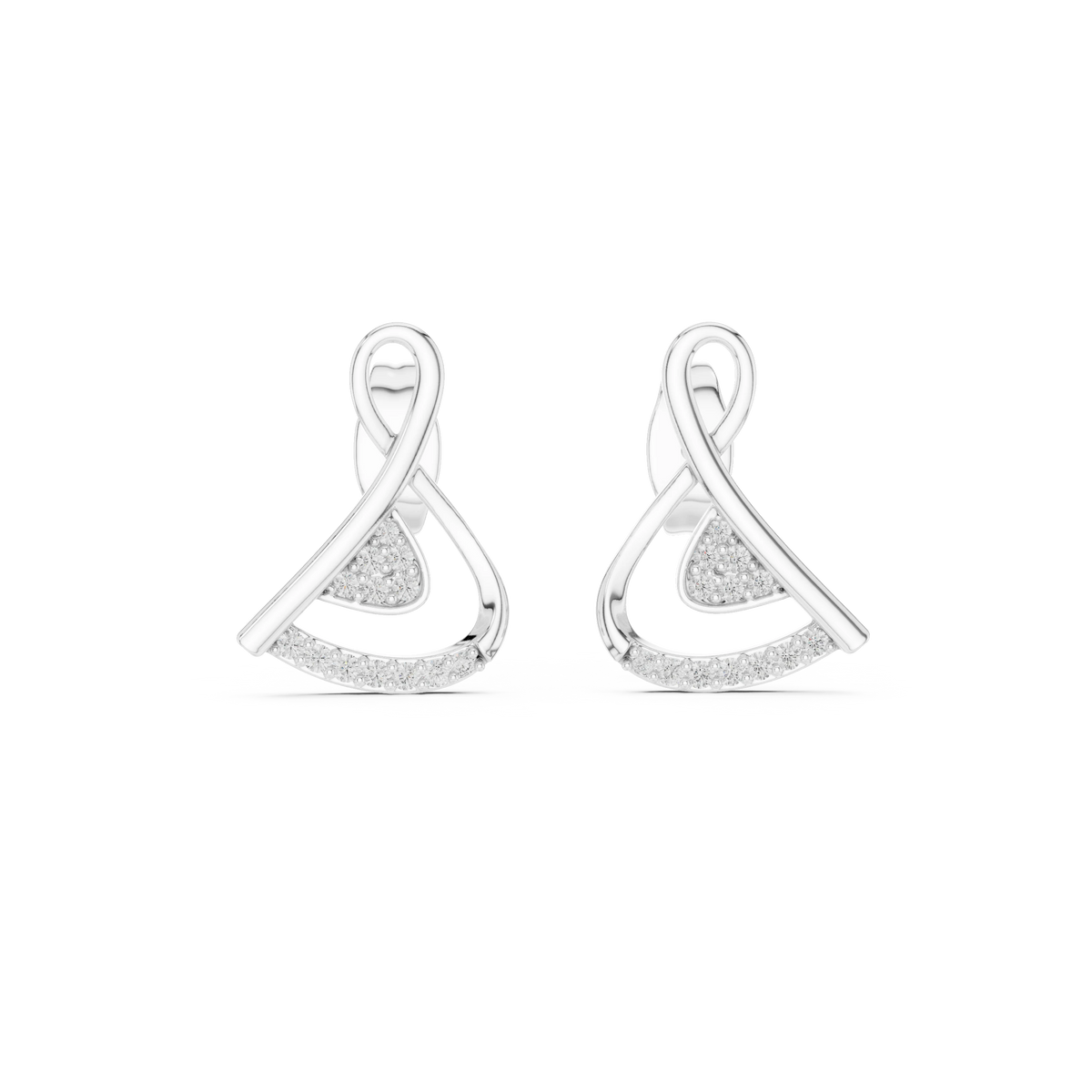 Looped Ribbon Pavé Triangle Moissanite Stud Earrings in white 925 sterling silver, view 4