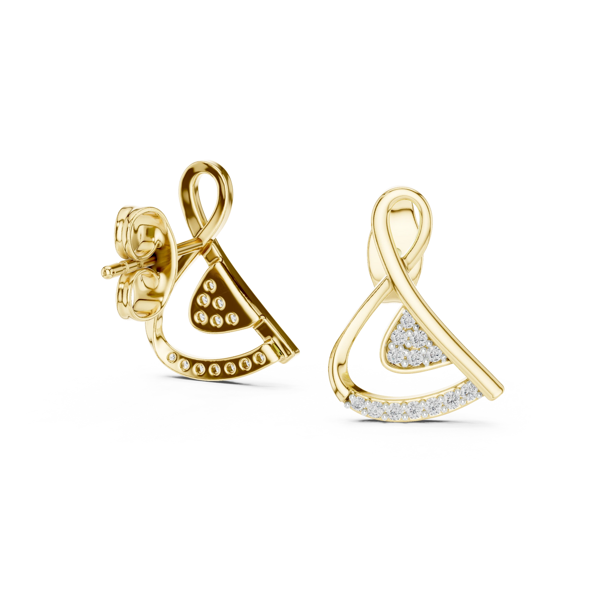 Looped Ribbon Pavé Triangle Moissanite Stud Earrings in yellow 925 sterling silver, view 1