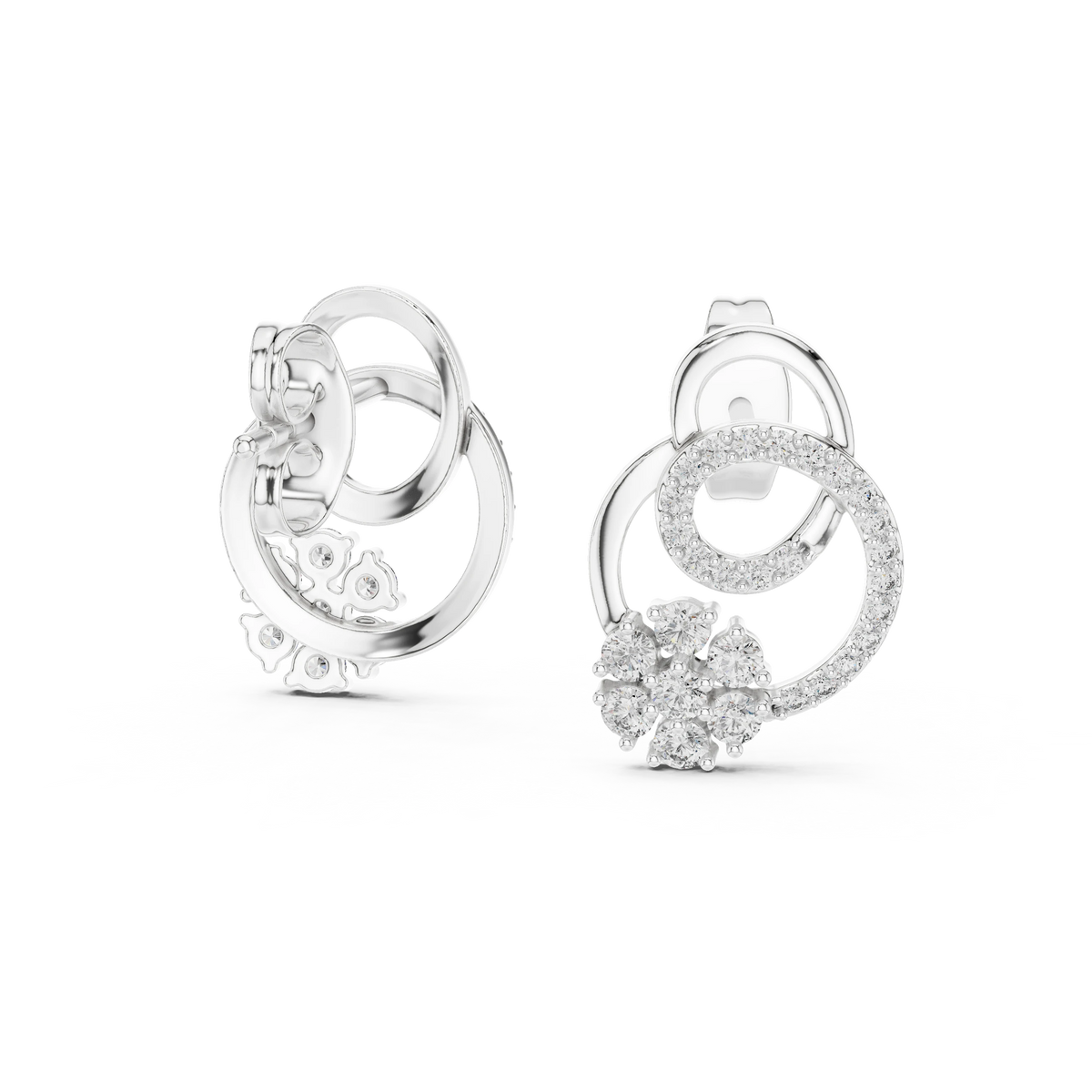 Interlocking Circles Moissanite Cluster Stud Earrings in white 925 sterling silver, view 1