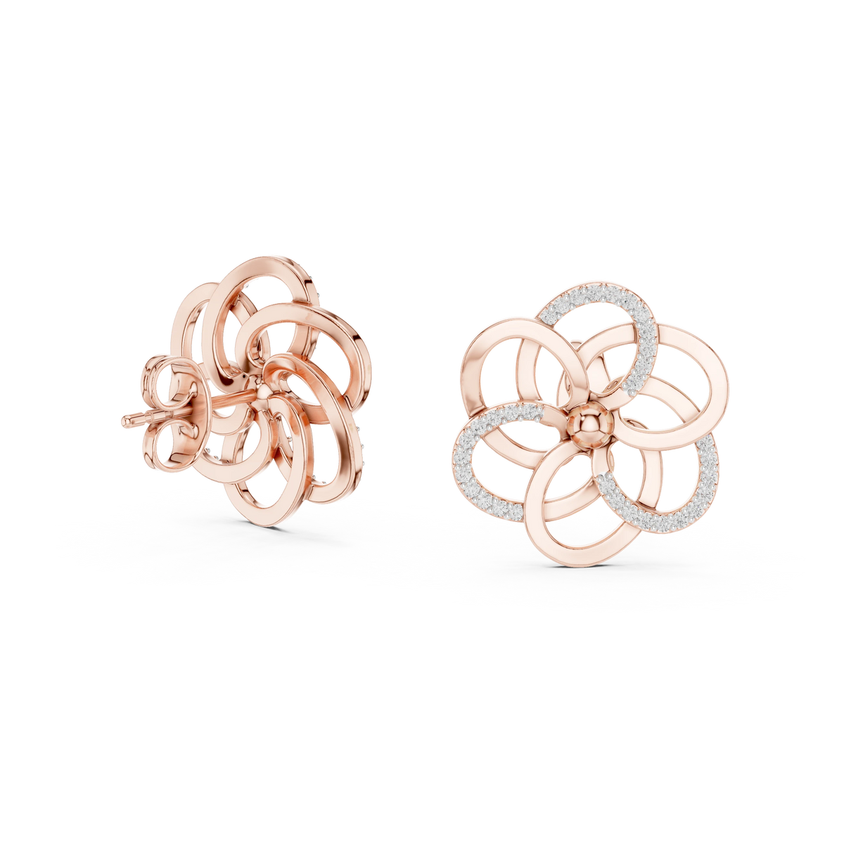 Open Five Loop Flower Moissanite Stud Earrings in rose 925 sterling silver, view 1