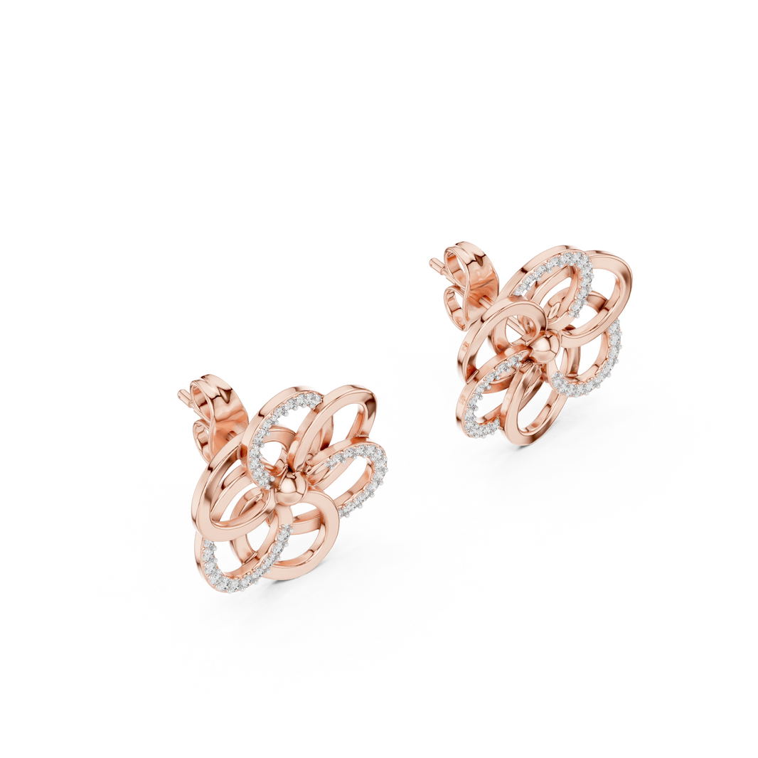 Open Five Loop Flower Moissanite Stud Earrings in rose 925 sterling silver, view 2