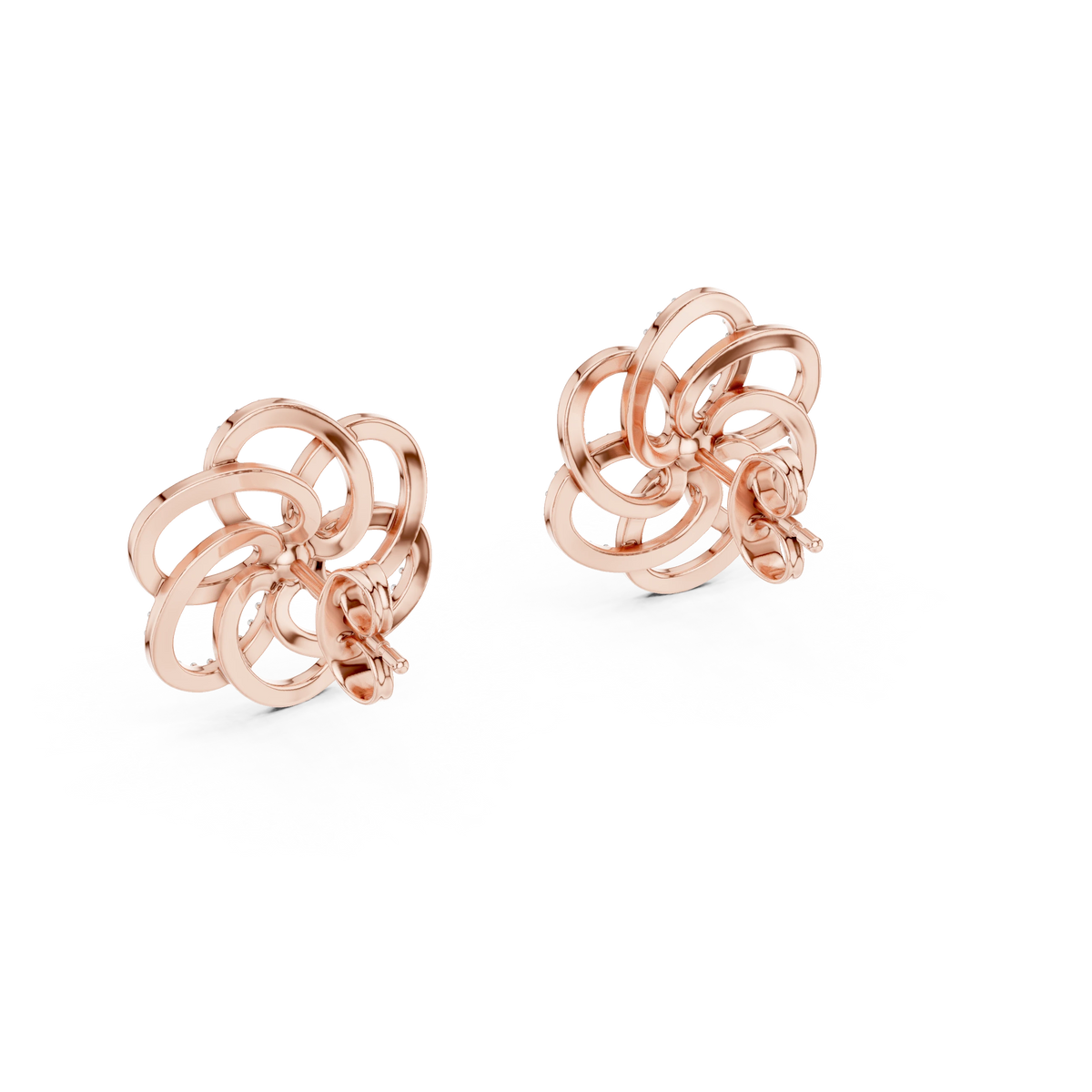 Open Five Loop Flower Moissanite Stud Earrings in rose 925 sterling silver, view 3